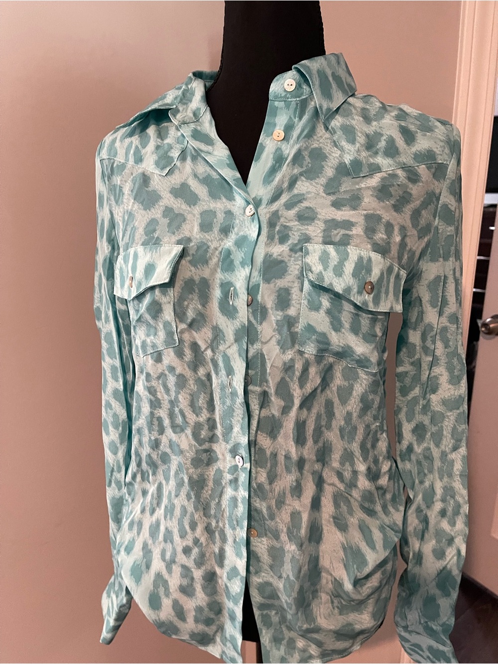 Light Teal Animal Print Button-Up Shirt -womans